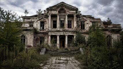 Obraz premium Overgrown decaying neoclassical mansion with broken columns and crumbling facade under a stormy, cloudy sky