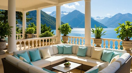 Fototapeta premium Spacious terrace with white columns, stone balustrade overlooks blue sea, tall mountain peaks. Large comfy lounge sofa with blue pillows sits near green plants in pots. Beautiful luxury villa patio
