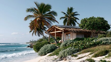 Fototapeta premium Coconut palms sway near a wooden beach house.