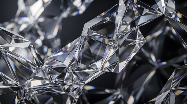 Close-up of sharp transparent crystal fragments with icy reflections and geometric edges in bright light