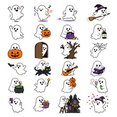 Fototapeta premium Collection of cute halloween ghosts and spooky elements vector illustrations on white background