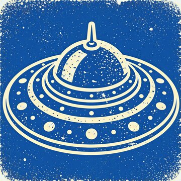 Blue flying saucer icon with aged grunge texture. Retro style alien spacecraft graphic symbol on starry background. Classic sci fi space vehicle logo design with distressed print effect. Cosmic theme