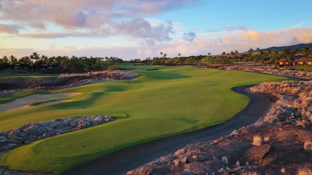 Aerial drone view of lush golf course fairway glowing at sunset on the Big Island Hawaii with black lava rock cart path palm trees luxury homes and golden clouds over the resort coast.