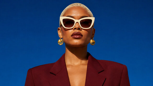 Stylish woman in a burgundy blazer and white sunglasses against a vivid blue sky. Bold fashion portrait for advertising, beauty campaigns, social media and lifestyle branding.