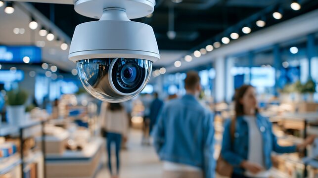 Modern security camera mounted in a retail store.