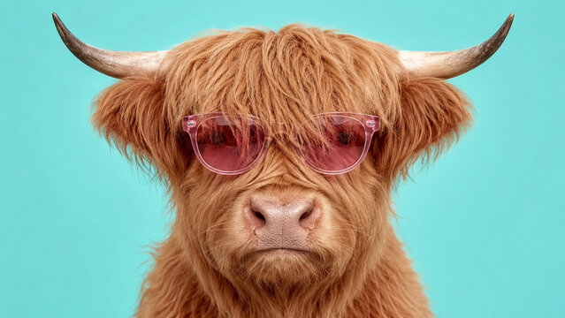 Funny Highland cow with pink sunglasses on a turquoise studio background. Stylish animal portrait for advertising, social media, posters, branding and humorous creative design.
