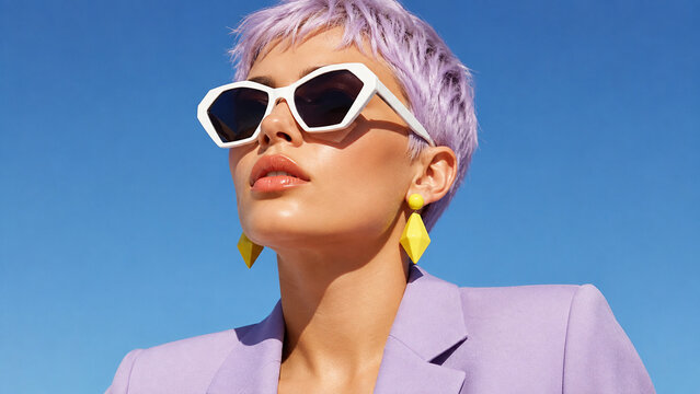 Stylish woman with short purple hair, white sunglasses and lavender blazer against blue sky. Bold fashion portrait for advertising, social media, beauty campaigns and posters.