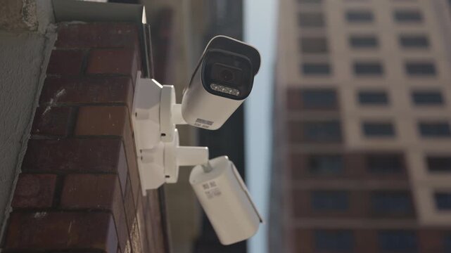 Outdoor security cameras installed on brick building wall