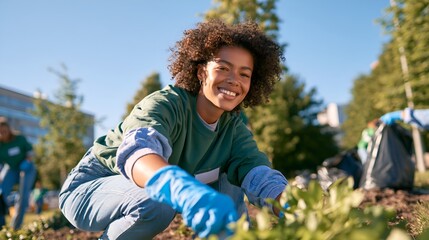 Naklejka premium Smiling person in blue gloves tending green plants outdoors.