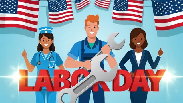 Diverse essential workers standing behind big red Labor Day text against blue background with US flags.