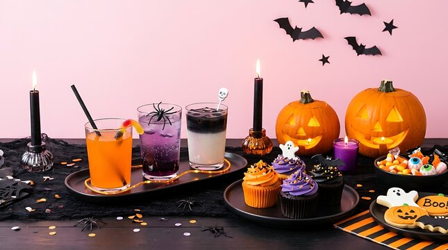 Halloween party treats and drinks on a black table