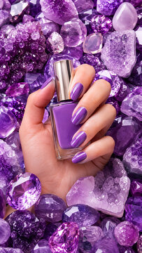 Female hand with glossy purple manicure holding a violet nail polish bottle among sparkling amethyst crystals. Ideal for beauty ads, cosmetics, nail care, luxury branding and product promotion.
