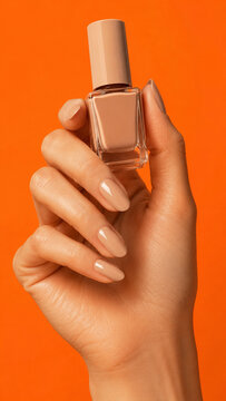 Female hand with glossy nude manicure holding a beige nail polish bottle against a bright orange background. Ideal for beauty ads, cosmetics, nail care, branding and product promotion.