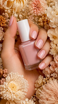 Female hand with soft pink manicure holding a nude nail polish bottle among delicate dried flowers. Ideal for beauty ads, nail care, cosmetics, branding and feminine product promotion.
