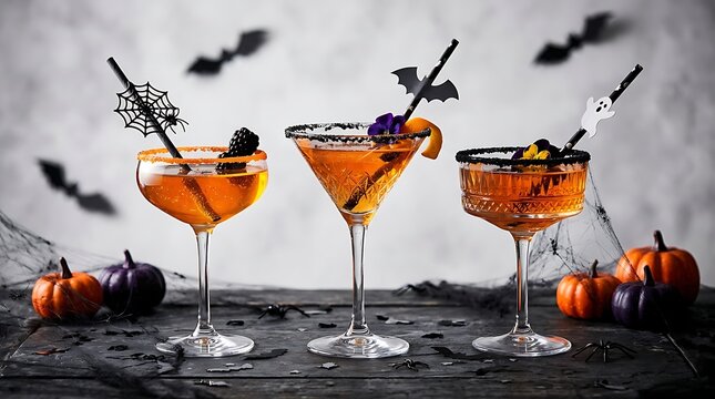 Halloween cocktails with bat and spider garnish