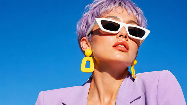 Stylish woman with short lavender hair, white sunglasses and purple blazer against a vivid blue background. Ideal for fashion ads, magazines, beauty campaigns and social media.
