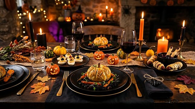 Thanksgiving feast with roasted turkey and autumn decorations