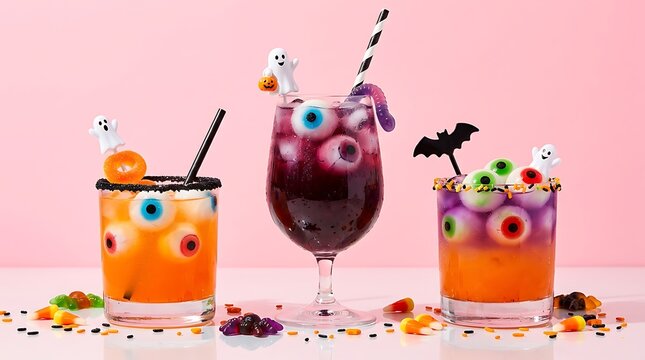 Halloween-themed colorful ghost and bat cocktails with fun garnishes