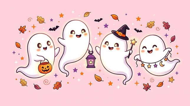 Happy cartoon ghosts celebrating halloween with magical items