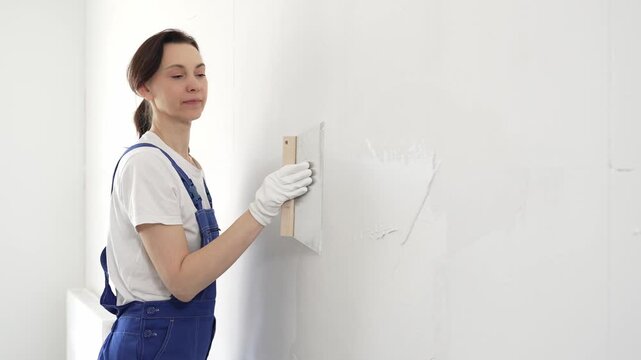 Woman construction worker wearing protective gloves and blue construction coveralls, spreading plaster smoothly across wall using professional drywall taping knife during renovation project. Portrait