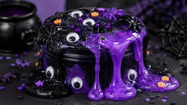 Purple and black glitter slime dripping with googly eyes, plastic spiders and pumpkin confetti in a Halloween-themed cauldron display