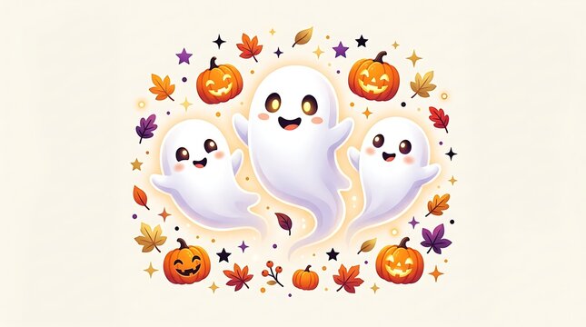 Happy cartoon ghost with pumpkins and autumn leaves