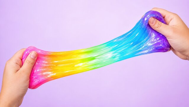 Bright rainbow slime being stretched between two hands on a pastel purple background