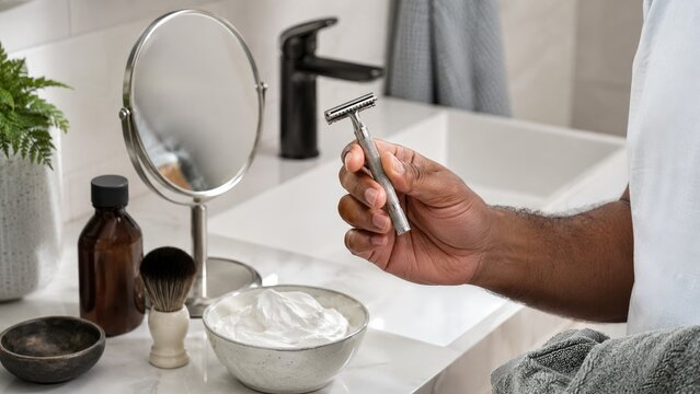 Close-up of a hand holding a safety razor above a bowl of shaving cream on a bathroom sink counter with brush, mirror, towel, and toiletries