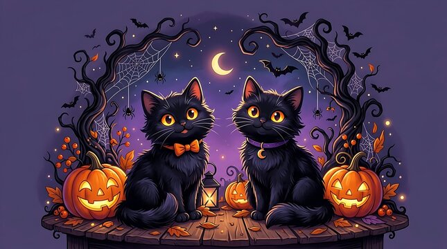 Two black cats sitting with jack o lanterns on halloween night