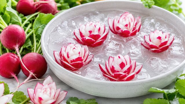 Radish flowers carved into decorative garnishes floating in an ice-filled ceramic bowl, surrounded by fresh radishes and green leaves