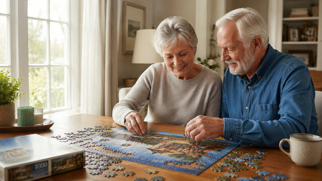 Elderly couple happily assembling a 1000-piece jigsaw puzzle together at a sunlit table in a cozy home