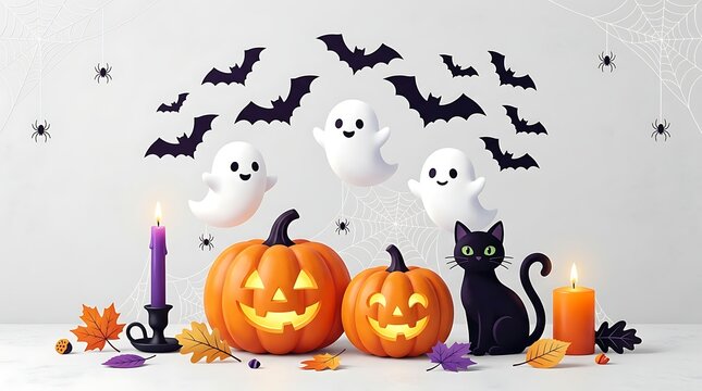 Halloween scene with pumpkins, black cat, and bats