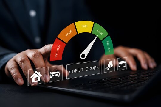 Credit score concept, Online credit score ranking check. Student loan, mortgage and payment cards. Man using laptop with virtual credit score icon for chart with credit history values.