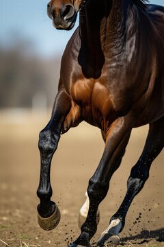 Powerful brown horse runs fast across dry dirt track. Muscular stallion legs move dynamically in nature. Strong equine animal demonstrates speed agility athletic performance outdoors. Close up view