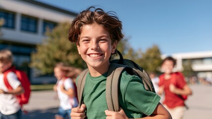 Naklejka premium Young boy smiles, wearing green shirt and backpack.