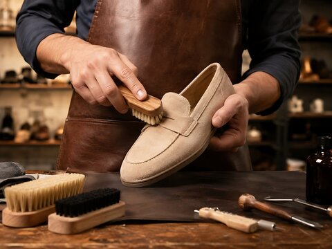 Vintage cobbler brushing beige suede loafer on workbench. Shoe repair business. Leather apron. Artisan workshop. Wooden brushes. Manicure for footwear. Hand care. Professional cleaning.