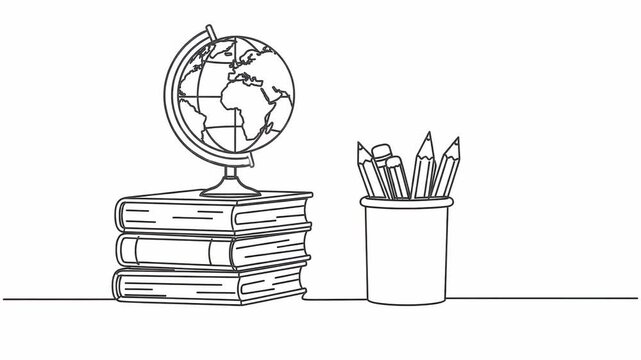 A globe on a stack of textbooks, school pencils in a cup on a white background. A one-line drawing on the theme "Back to School". Promotional and strategic video for a school.
