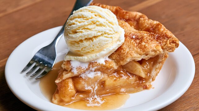Golden apple pie slice on white plate.
