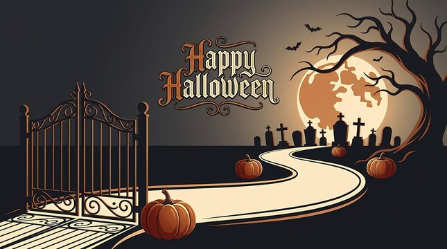 Happy halloween scary graveyard with iron gates pathway full moon, halloween