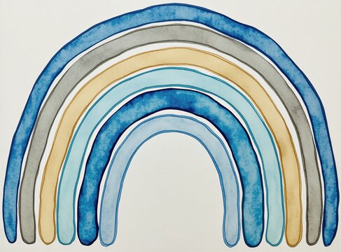 Boho watercolor rainbow illustration features blue, beige stripes on white background. Hand drawn semicircle arc design style cute for nursery decor baby shower invitation card. Simple digital
