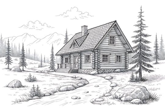 Cozy log cabin in a snowy forest landscape