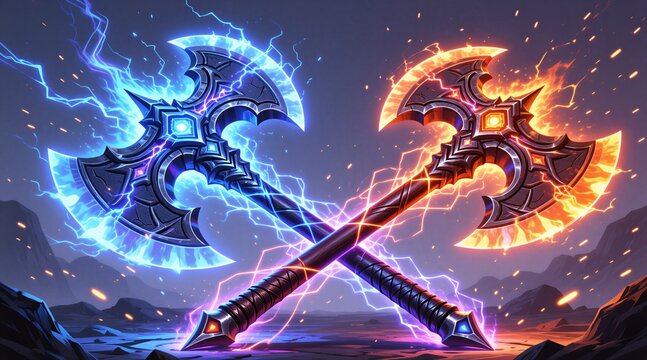 Two magical battle axes cross in dark mystical landscape. One weapon glows with bright blue electric lightning energy emits fiery orange flames. Powerful fantasy blades radiate intense sparks,