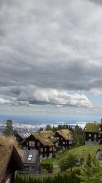 Aerial view of traditional Norwegian grass roof homes with a view towards the city of Oslo and the Oslo fjord. Vertical design in 9:16 ratio. Smartphone and social media ready.