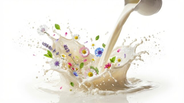 Pouring milk with wildflowers creates a dynamic splash against a white background dairy floral daisies lavender petals blossoms liquid