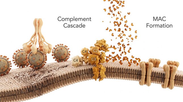 Complement cascade and membrane attack complex formation medical illustration