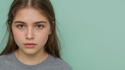 Fototapeta premium Teenage Face With Visible Acne In An Honest Calm Portrait With Copy Space