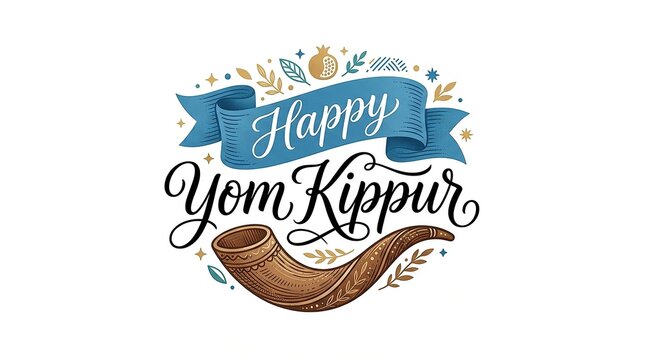 Happy yom kippur calligraphy lettering with shofar and decorative banner