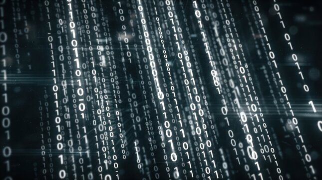 Abstract digital binary code stream background with glowing numbers.