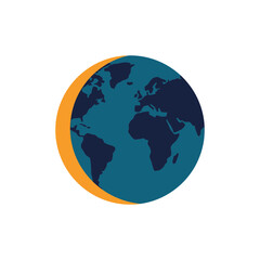 Fototapeta premium Stylized flat earth globe icon featuring planet continents and orange crescent shadow isolated on white background