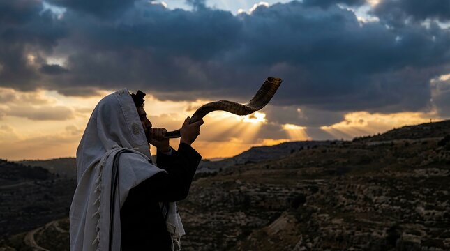Jewish man blowing the shofar horn outdoors at sunset on yom kippur